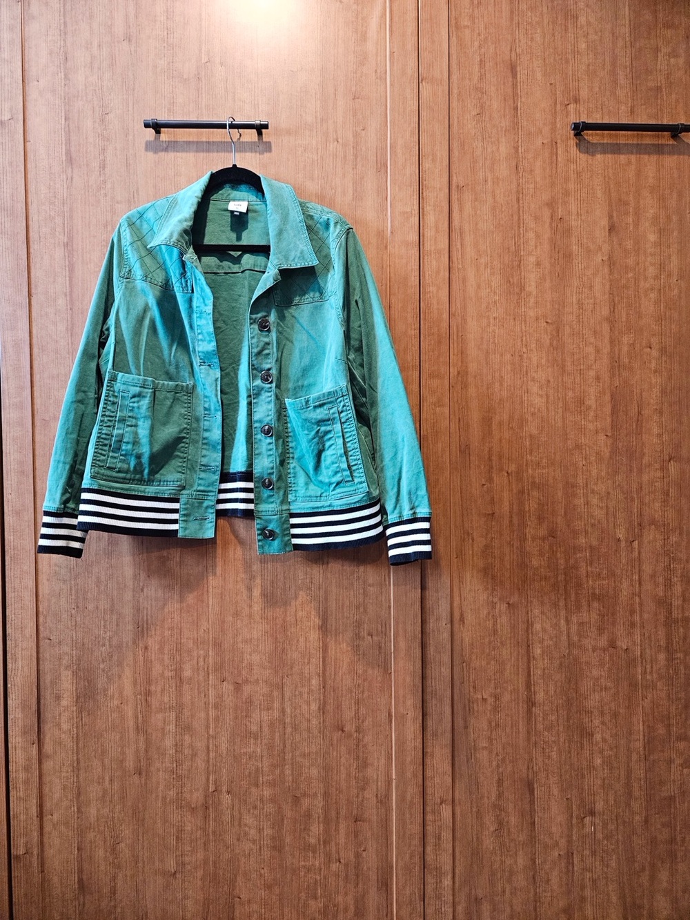 CAbi Teal Button-Front Bomber Jacket with Black-and-White Striped Hem